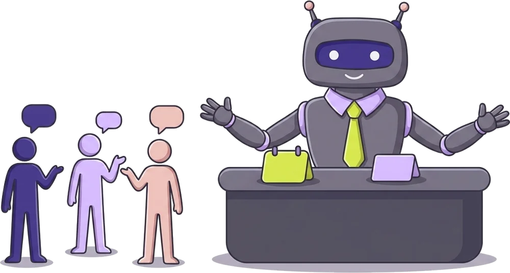 A Chatleadr bot at a front desk, answering three visitors at once